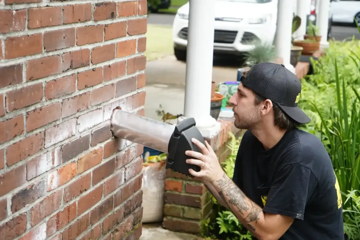 Technician fitting rigid metal dryer-vent piping at a Memphis home