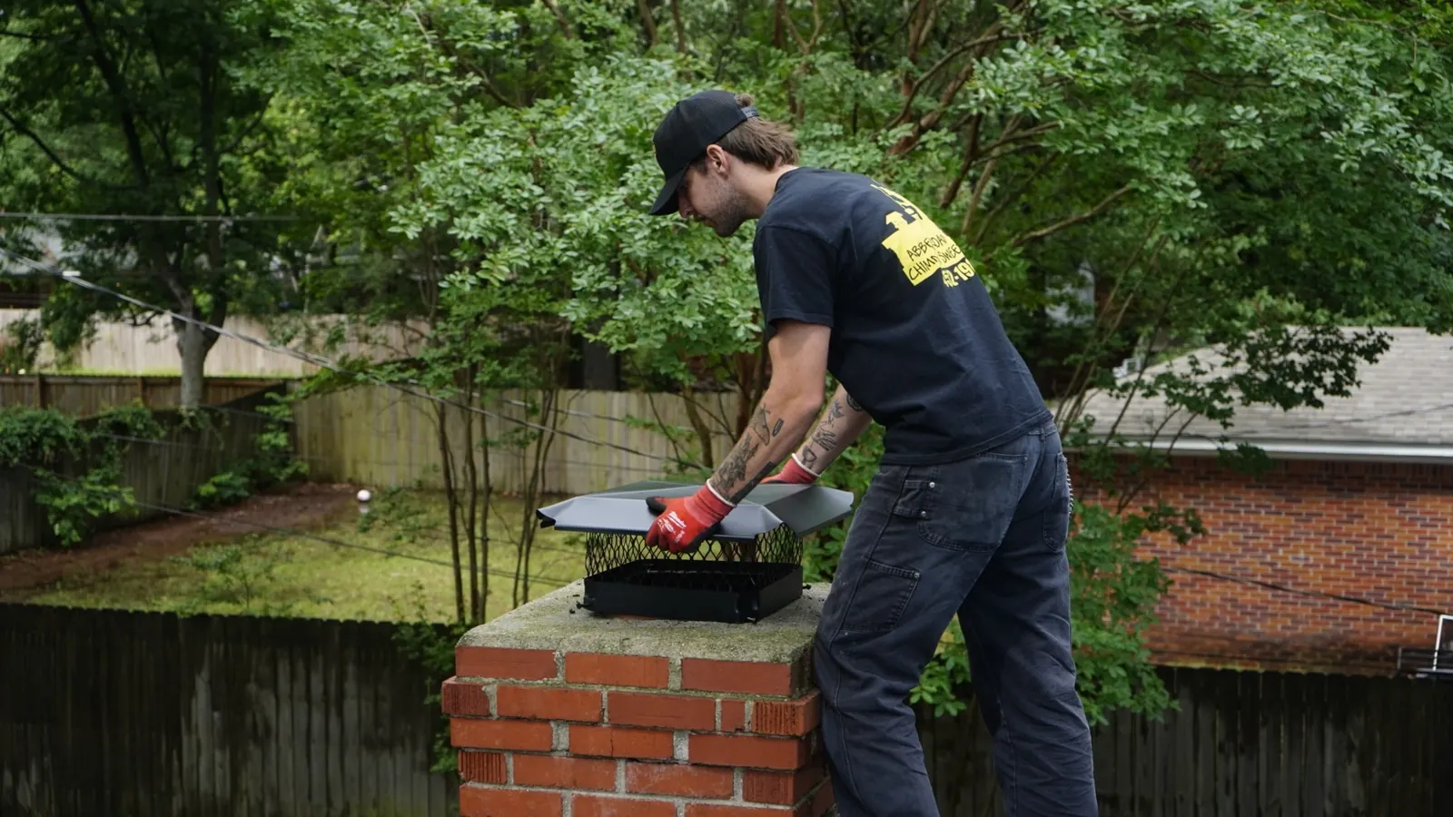 A technician servicing the top of a brick chimney in a fenced back yard