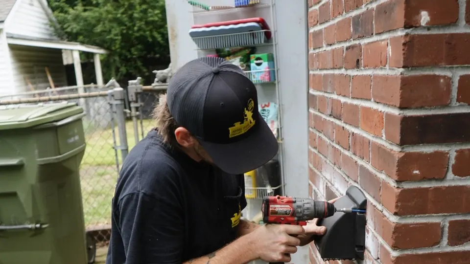 A technician fastening dryer vent piping to a brick exterior wall